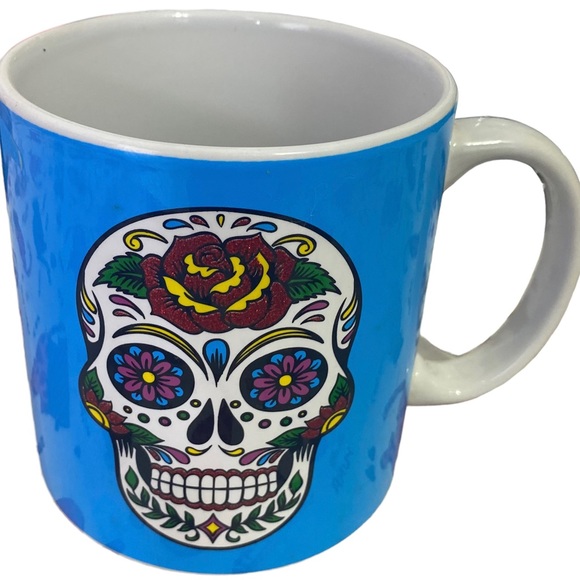 Day Of The Dead Blue/White Multicolored Skull Image on Coffee Mug 16 oz. 4.25” - Picture 4 of 9